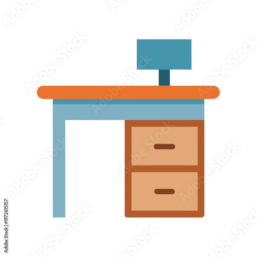Office desk with computer and drawers stock vector illustration for workspace design