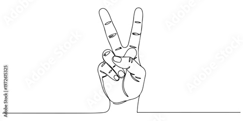 Continuous one line of a hand giving a peace gesture, symbol of calm and harmony, style hand drawing vector illustration.