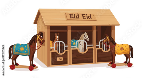 Wooden stable house with toy horses for the Eid holiday celebration isolated on white background
