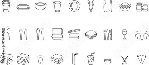 Vector illustration set of kitchen utensils and tools featuring restaurant icons for coffee, tea, and drinks in a clean silhouette design