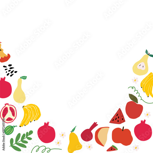 Asymmetrical fruits frame with fresh fruit elements placed along edges. Modern vector composition with empty space for text, perfect for layouts and design templates.