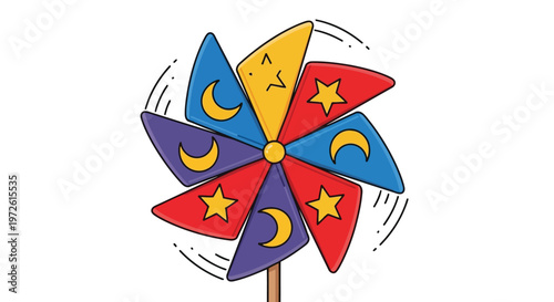 Spinning pinwheel toy decorated with moon and star patterns isolated on white background