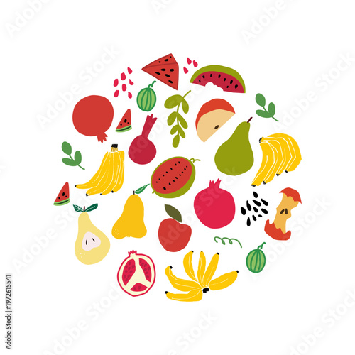 Compact fruits composition arranged in circular shape. Bright and modern vector illustration suitable for logos, stickers, packaging, and branding.