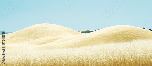 Serene Golden Hills and Blue Sky: Minimalist Landscape, Calm, Peaceful, Tranquil Scene.