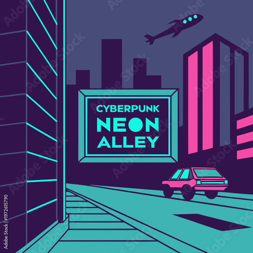 Cyberpunk neon city alley with futuristic buildings and a car with sci