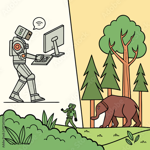 Robot and primitive man observing elephant in forest with artificial intelligence