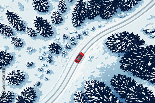 Red car driving along a winding road through a snowy forest from aerial perspective