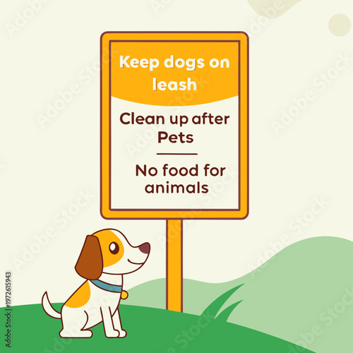 Dog park sign indicating rules for pets and owners with no food with yellow sign with pet owner with public space with flat design with pet care with animal control