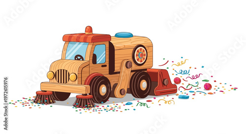 Wooden toy street sweeper truck cleaning up colorful confetti illustration isolated on white background