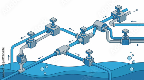 Diagram illustrating a complex network of pipes and valves controlling fluid flow, with arrows indicating direction and bubbles suggesting aeration.