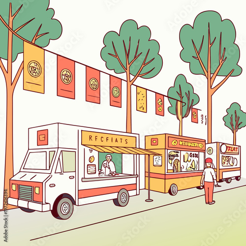 Row of food trucks selling snacks and meals on a street with food truck with food vendor with mobile kitchen with food stand with pop up with food service with summer day