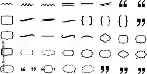 A variety of decorative lines, quotation marks, and ornate frames are presented in a grid format for graphic design applications.