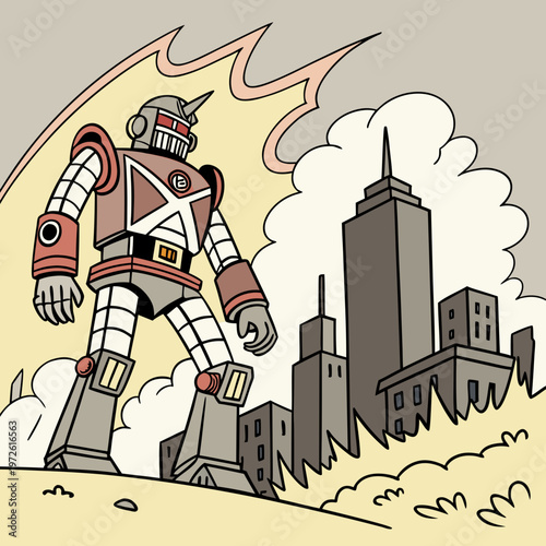 Retro robot standing over damaged city buildings with explosion effects with giant robot with sci fi with science fiction