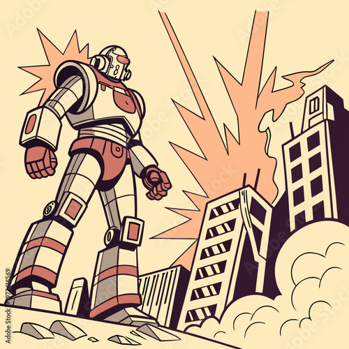 Giant robot destroying city buildings, comic book style illustration, the illustration is done in a retro comic book style, sci fi, science fiction
