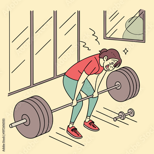 Woman straining to lift heavy barbell in a gym setting with gym equipment
