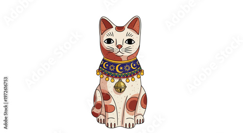 Antique maneki neko beckoning cat with traditional islamic collar isolated on white background