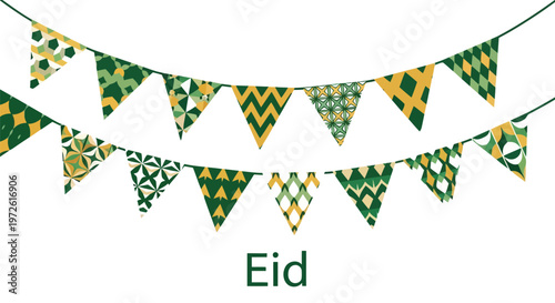 Hanging green and gold bunting flags with geometric islamic patterns isolated on white background