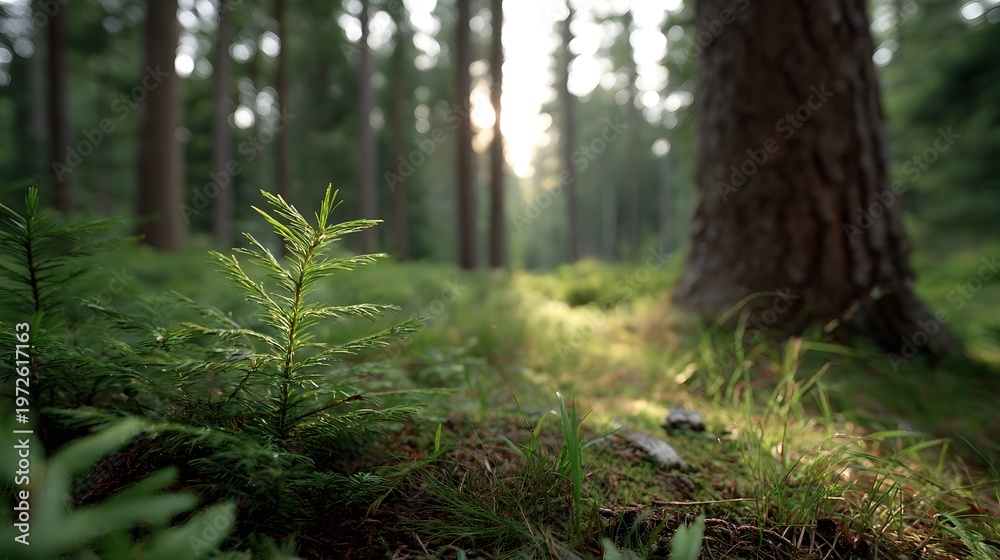 Obraz premium A young tree seedling emerges in a sunlit forest clearing surrounded by lush greenery and tall trees
