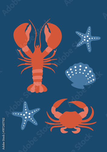 Nautical Coastal Poster with Lobster Crab Starfish Seashell Flat Design Vector Illustration