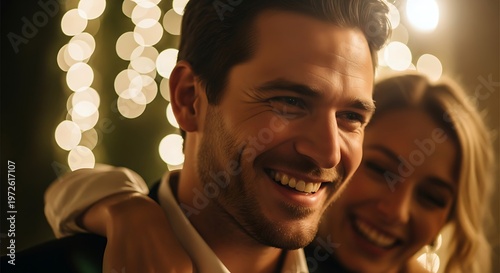 Happy Couple Embracing Outdoors with Bokeh Lights.