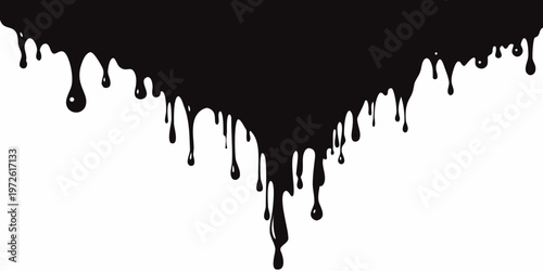 Abstract black liquid drips and flows down a white background