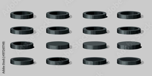 Arrangement of black cylindrical objects with ribbed and smooth edges