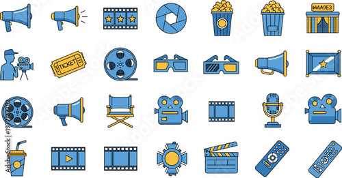 Cinema Movie Icon Set Featuring Camera, Film Reel, Ticket, Popcorn, Megaphone, Director Chair, Microphone, Clapperboard, and Entertainment Elements