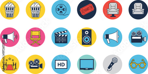 Cinema Movie Icon Set Featuring Popcorn, Film Reel, Ticket, Director Chair, Megaphone, Clapperboard, Camera, Screen, and Entertainment Elements