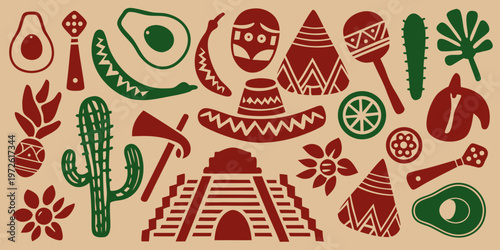 Stylized illustration of mexican culture with food plants and artifacts