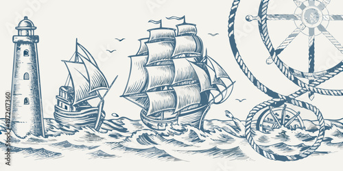 Vintage nautical illustration featuring a lighthouse sailing ships and maritime elements