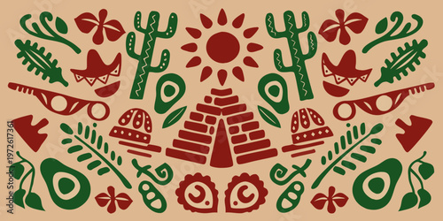 A vibrant stylized illustration showcasing elements of mexican culture