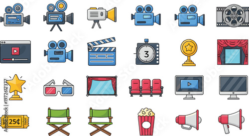 Cinema Movie Icon Set Featuring Camera, Clapperboard, Projector, Film Reel, Theater Seats, Popcorn, Megaphone, Screen, and Entertainment Elements