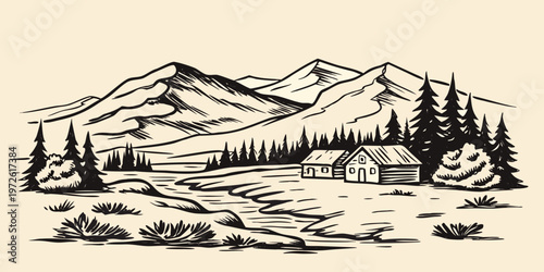 A vintage style illustration depicts a cabin nestled in a mountainous landscape