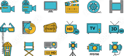 Cinema Movie Icon Set Featuring Camera, Film Reel, Clapperboard, TV, Ticket, Glasses, Popcorn, Director Chair, and Video Equipment