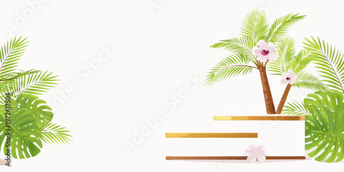 Tropical foliage and flowers frame a minimal golden platform scene