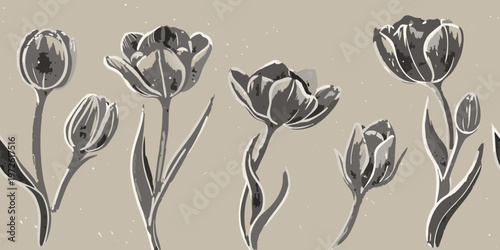 Stylized illustration of tulips in shades of gray and beige