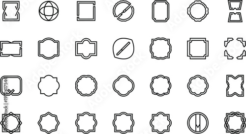 A grid of decorative frames and borders in various geometric and organic shapes offers design elements for graphic projects.