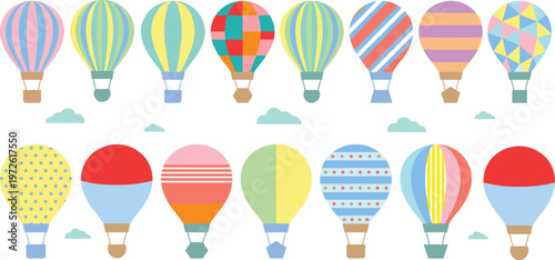 Pastel Hot Air Balloon Set with Fun Patterns and Clouds for Travel, Adventure, and Whimsical Illustration Designs