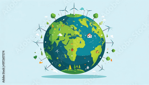 Global Sustainability and Green Energy Concept. Earth Globe with Wind Turbines and Trees. Eco-friendly Planet Illustration.