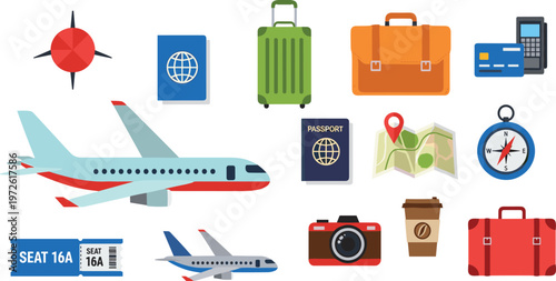 Travel Icon Set Featuring Airplane, Passport, Suitcase, Map, Compass, Ticket, Camera, Coffee Cup, and Tourism Essentials