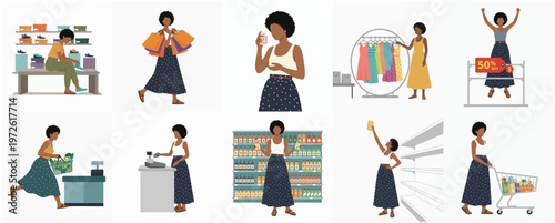 Modern Flat Illustration of a Black Woman Shopping in Various Retail Environments