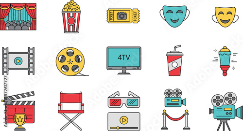 Cinema Movie Icon Set Featuring Theater Stage, Popcorn, Ticket, Masks, Film Reel, Camera, Director Chair, Glasses, and Entertainment Elements