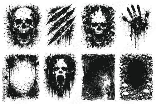 Horror grunge vector elements Set - skulls, claw marks, and ink splatter textures