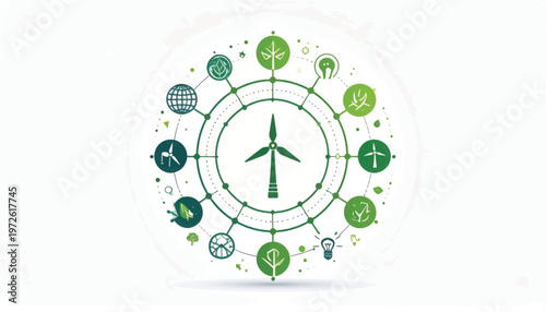 Wind Energy Sustainability Network Icon: Renewable Power System Diagram with Ecology and Environment Solutions.