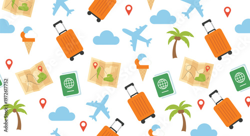 Travel Seamless Pattern Featuring Suitcase, Airplane, Map, Passport, Ice Cream, Palm Tree, Clouds, and Vacation Elements