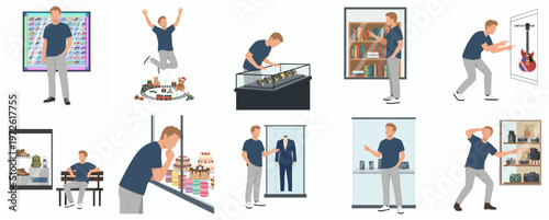 Diverse Flat Illustration of Man in Various Poses with Different Displays
