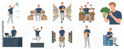 Flat Style Grocery Shopping Activities of Man in Supermarket Illustration