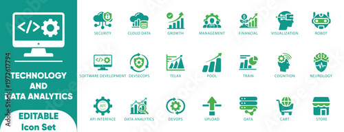 AI Technology And Data Analytics Icons Set. cognition, editable, management, neurology, financial, growth, Ai, and solid icons.
