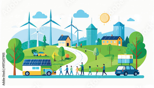 Sustainable Green City Illustration: Eco-Friendly Community, Renewable Energy Townscape with Wind Turbines and Solar Panels.
