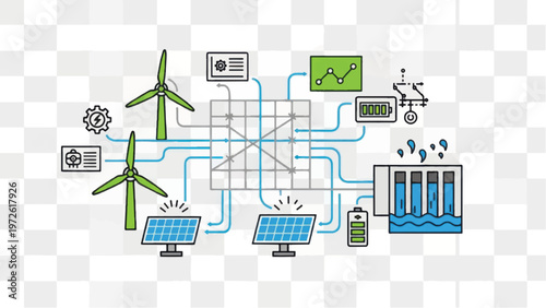 Smart Grid System Doodle: Renewable Energy Network Concept connecting Wind Power, Solar Panels, Battery Storage, and Digital Power Management Technology.